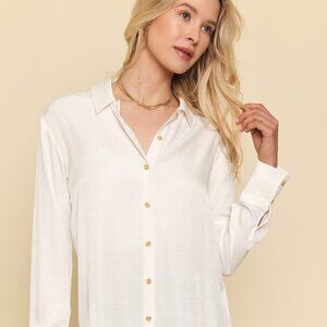 Mystree White Button Front Collared Blouse Lightweight Long Sleeve Hi Low Tunic